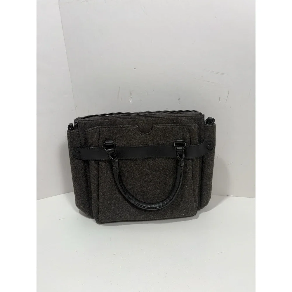 Elliott Lucca Black Gray Wool Satchel Purse Handles Shoulder Strap‎ Leather Trim